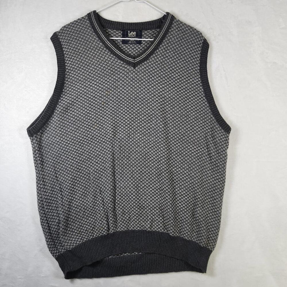 Vtg Lee Sport Sweater Vest L Gray Black Knit‎ USA Made Pullover 90s Grunge